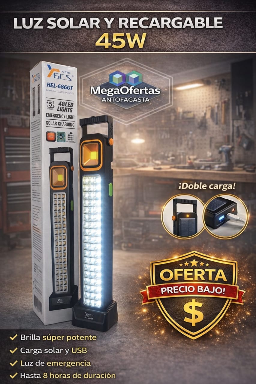 LUZ SOLAR Y RECARGABLE 45W