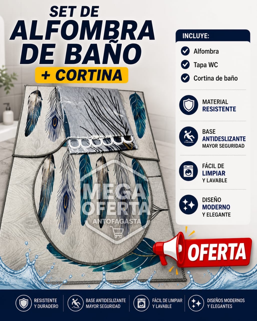 SET DE ALFOMBRA DE BAÑO MAS CORTINA