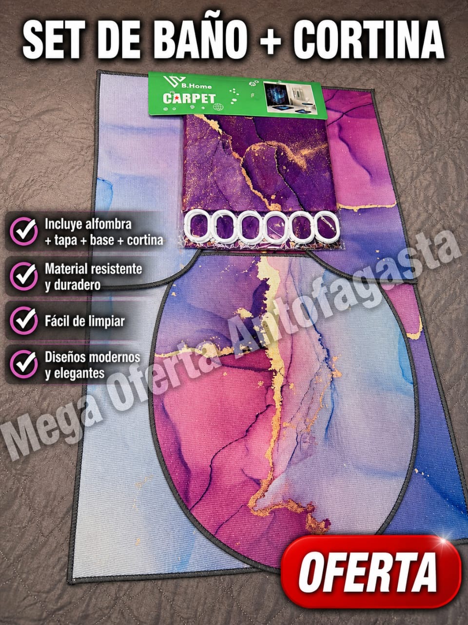 SET DE ALFOMBRA DE BAÑO MAS CORTINA - Imagen 2